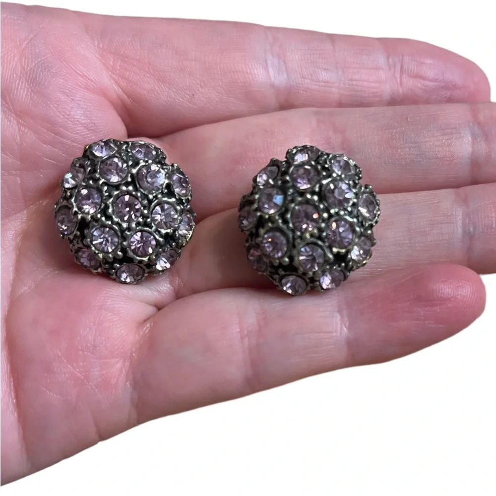 Vintage Silver Toned Purple Rhinestone Clip On Earrings